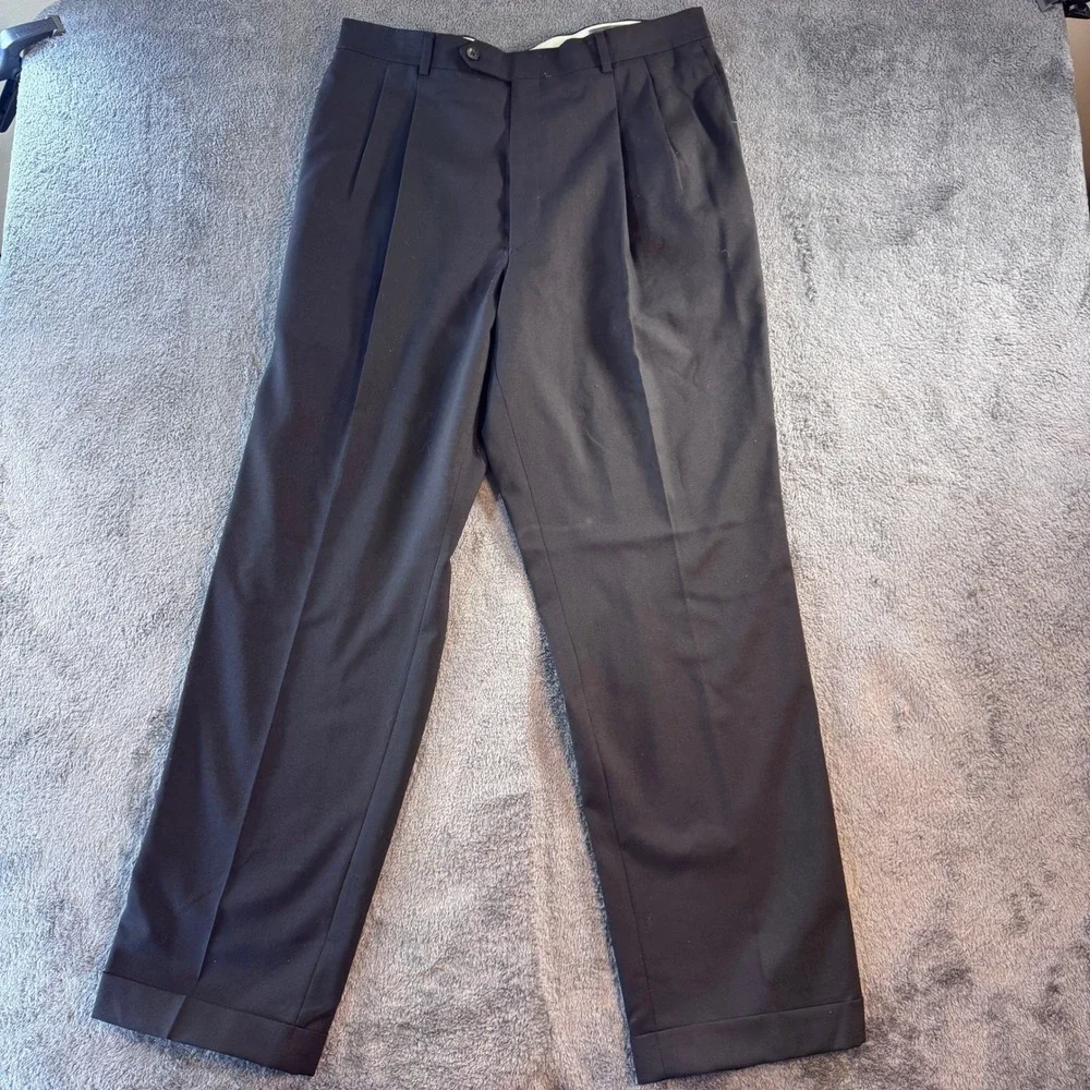 Oscar de la Renta Mens Black 100% Wool‎ Pleated Cuffed Dress Pants 36W 32L J177